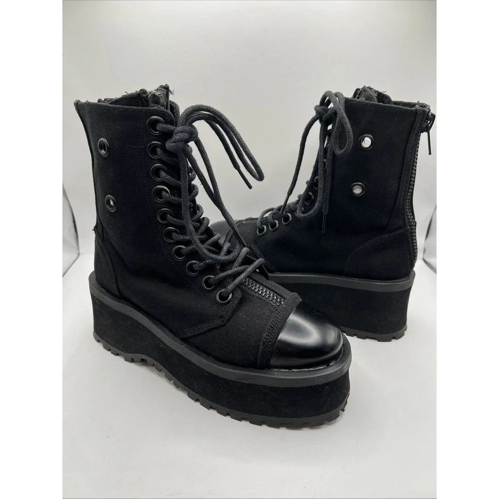 Demonia GRAVEDIGGER-10 Platform Lace Up Ankle Black Metal Toe Cap Sz 4